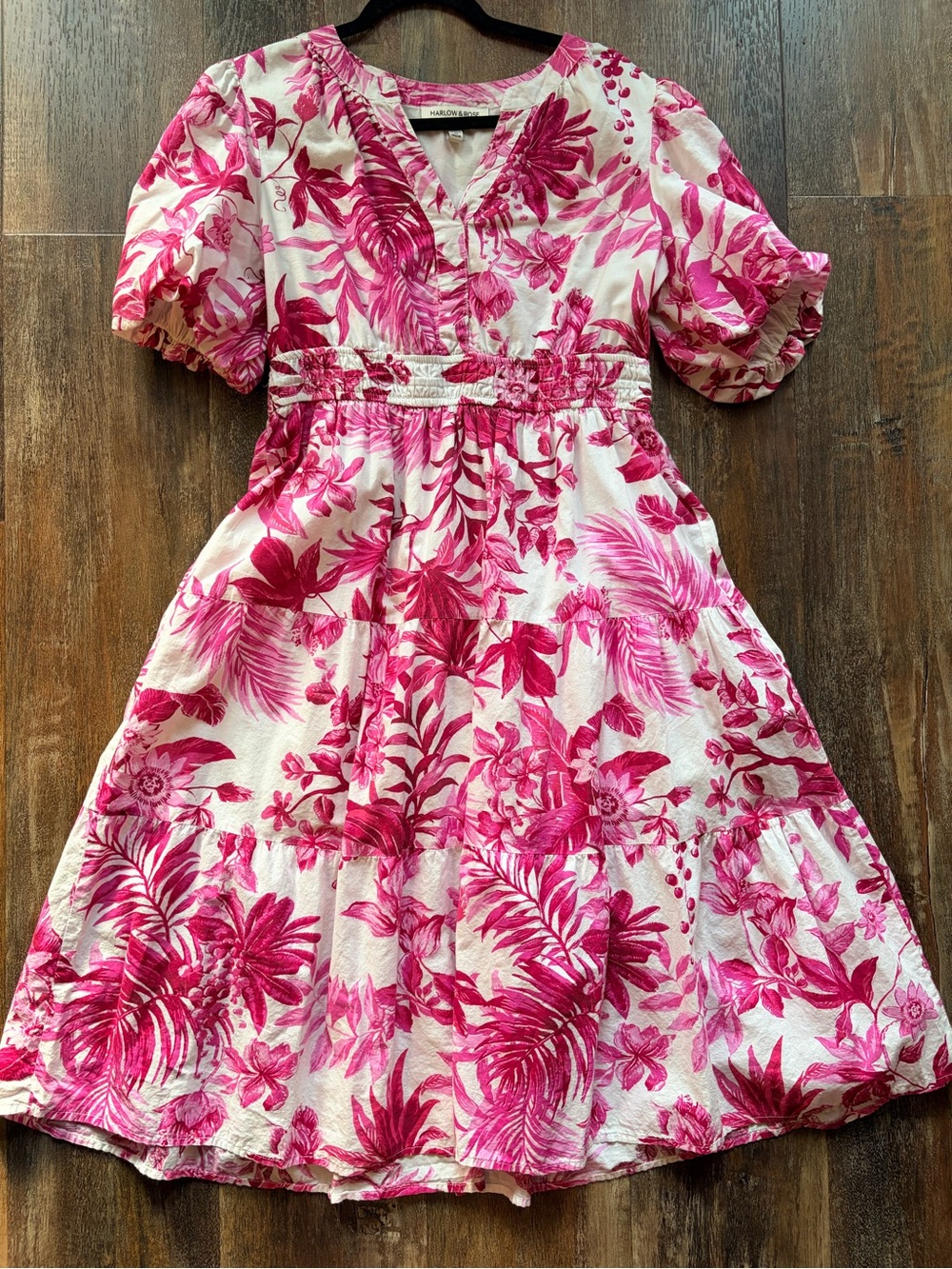 Harlow & Rose Pink/White Floral Lined Smocked Fit & Flare Puff Sleeve Dress L